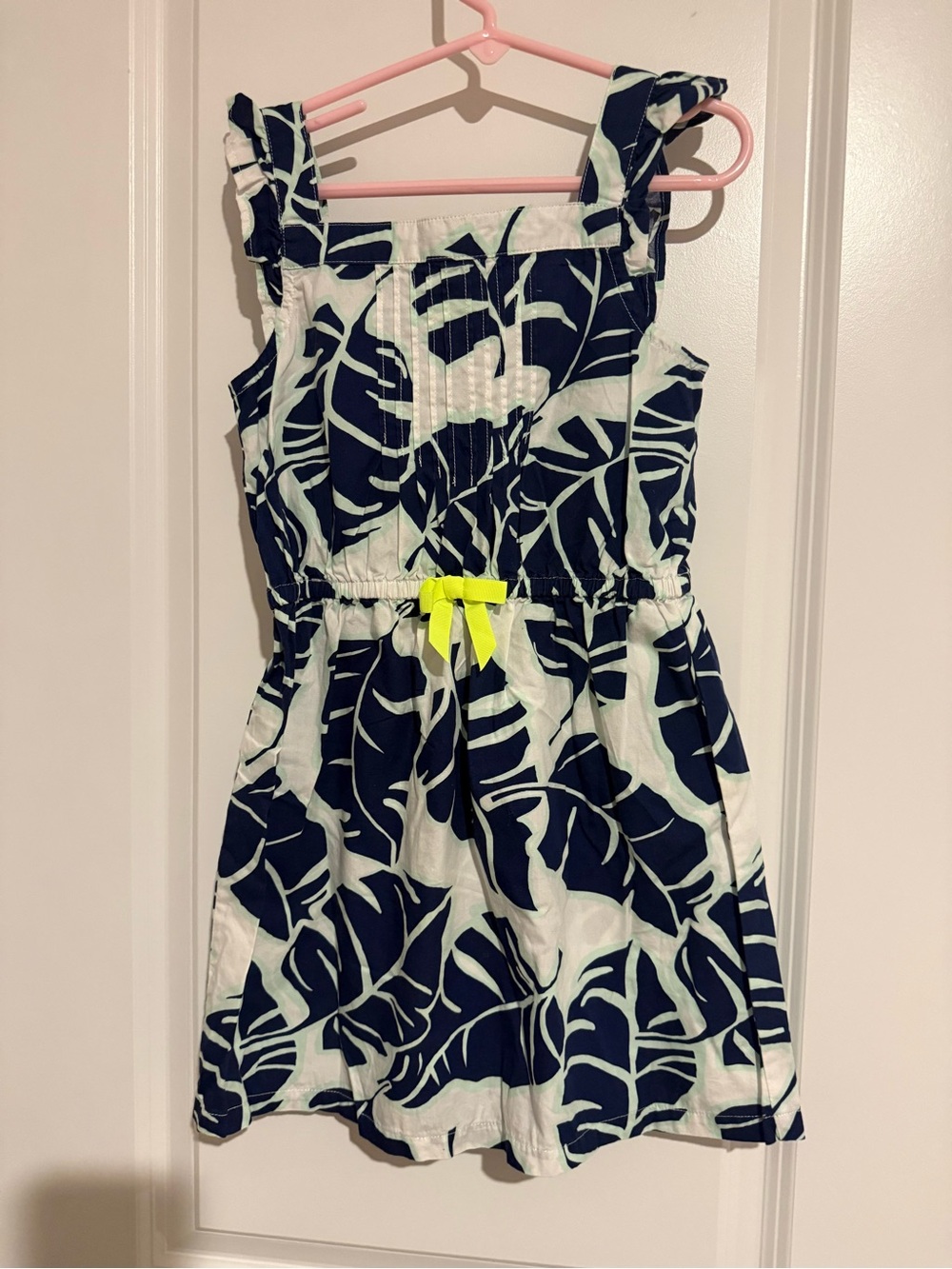 Gymboree Navy and Mint Leaf-Print Dress with Neon Orange Logo Tag